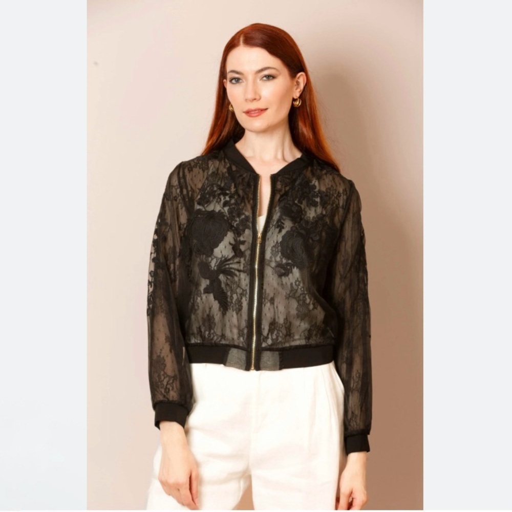 NWT Jessie Liu Iris Tulle Lace Combo Embroidered Silk Bomber Jacket Black XS